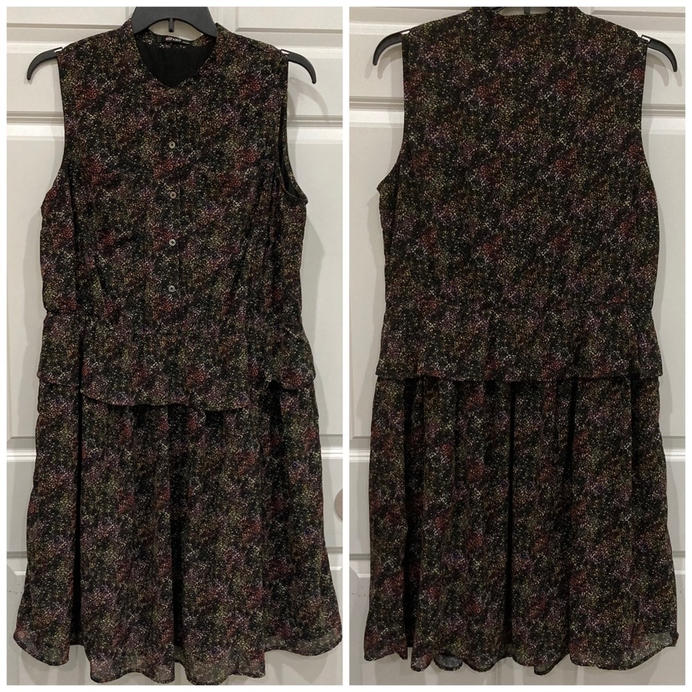 eShakti 2X 20W sleeveless black multicolor peplum dress w buttons & pockets